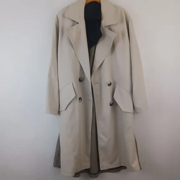 Zara Beige Check Contrast Oversized Double Breasted Trench Coat